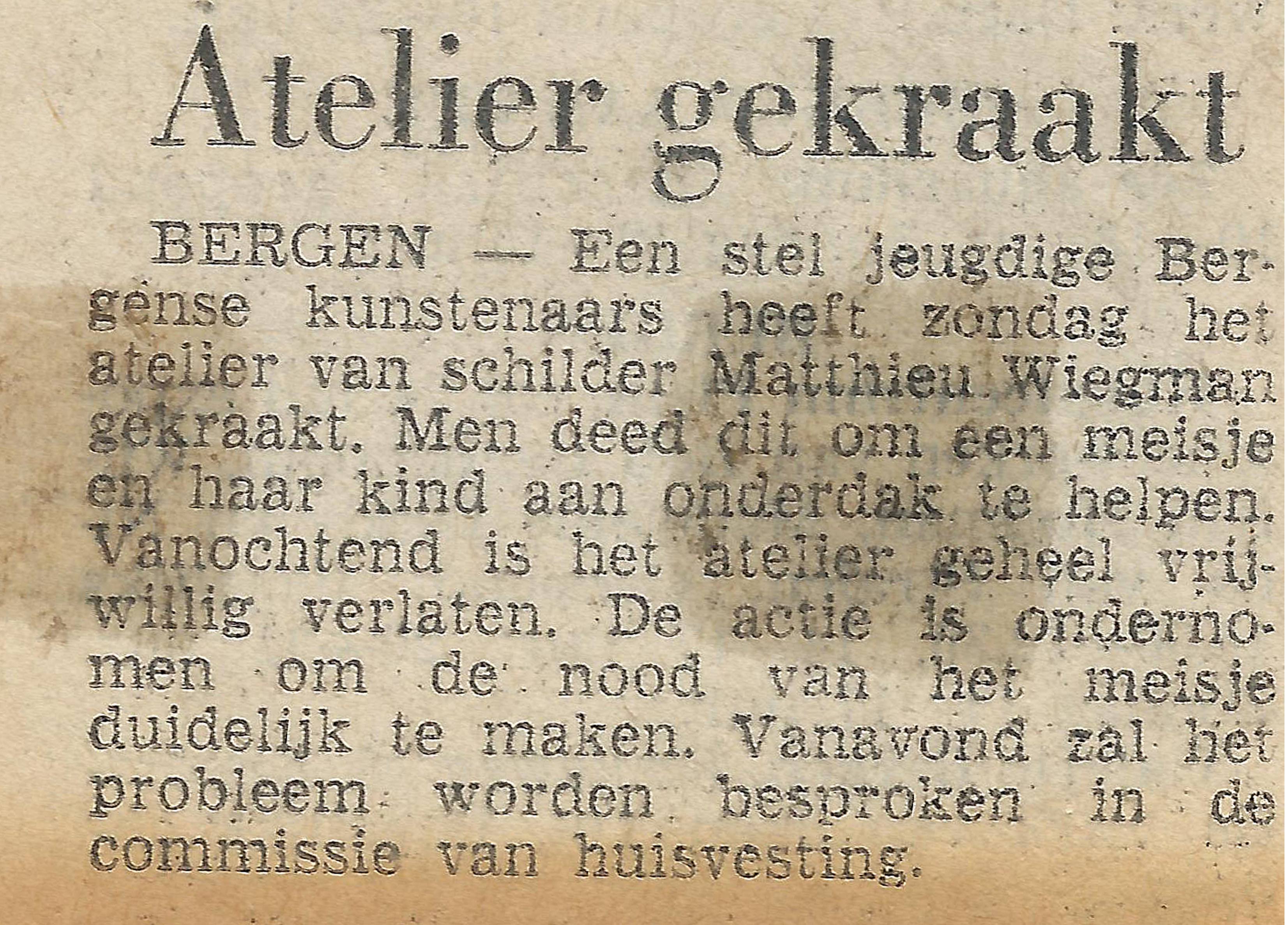 Krantenartikel over de kraak van het atelier van Matthieu Wiegman