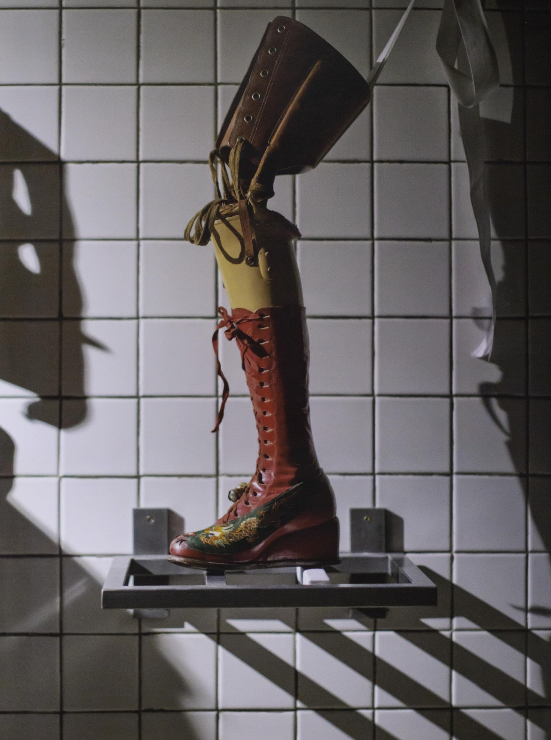 Frida Kahlo, Prosthetic Leg with Leather Boot, Appliqued Silk with Embroidered Chinese Motifs, Museo Frida Kahlo, Mexico City