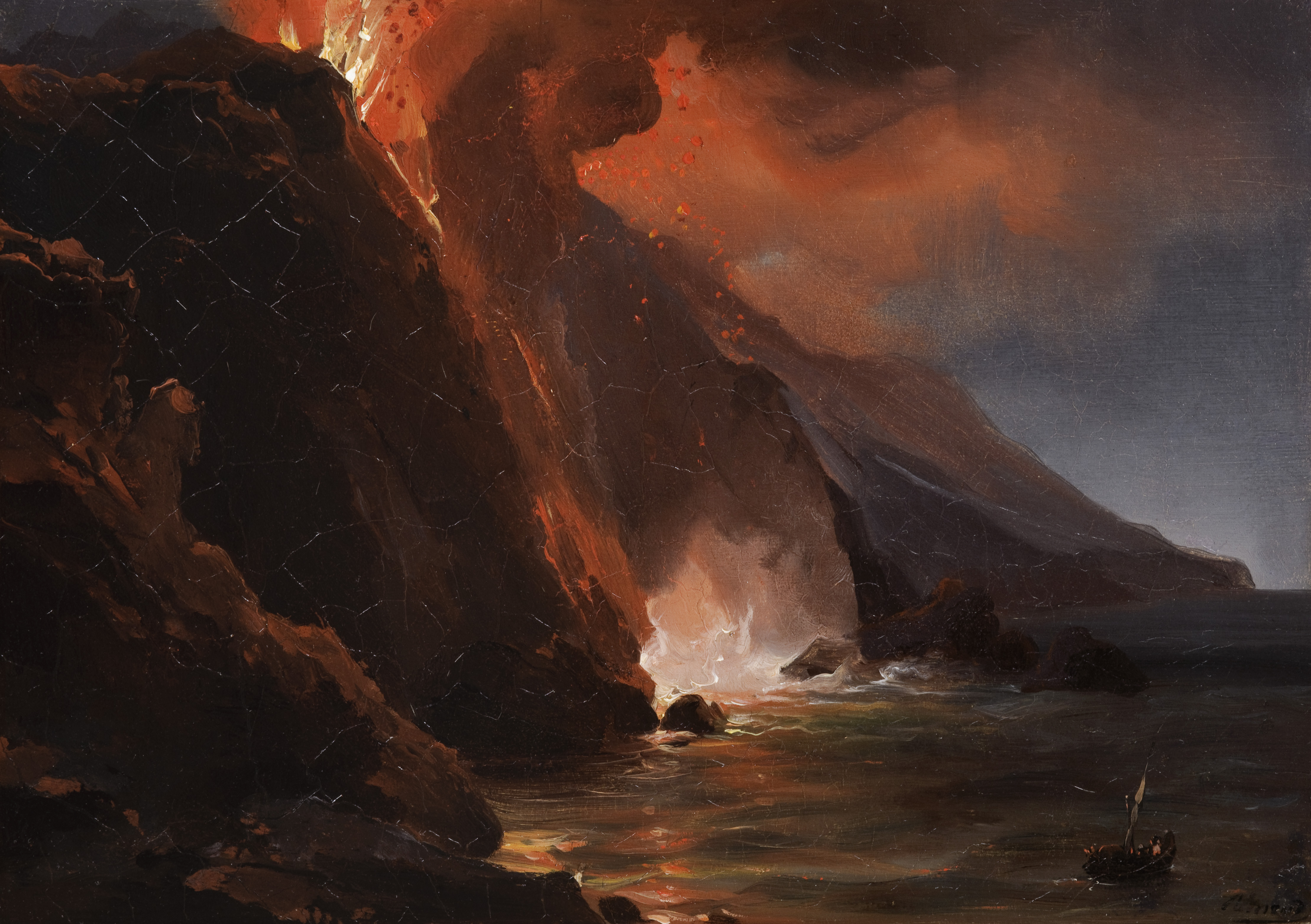 Jean-Charles-Joseph Rémond (Parijs 1795 – 1875 Parijs), Uitbarsting van Stromboli, 30 augustus 1842 (detail). 1842. Olieverf op papier, gemonteerd op canvas. 27 × 37 cm. Privécollectie