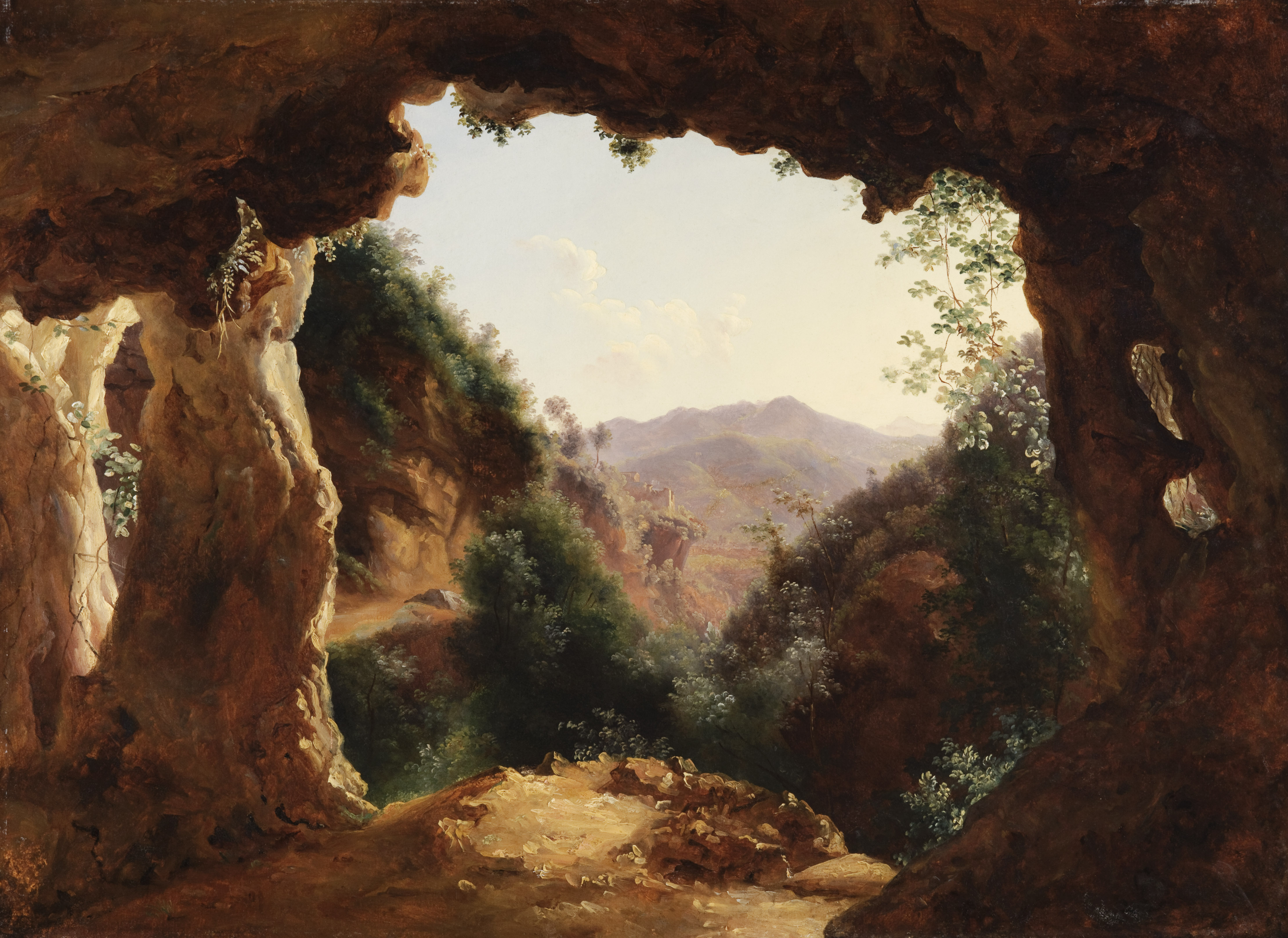 Louise-Joséphine Sarazin de Belmont (Versailles 1790 – 1870 Parijs), Grot in een rotslandschap. Olieverf op papier, gemonteerd op canvas. 42,2 × 57,4 cm. Privécollectie
