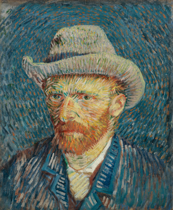 Vincent van Gogh, Zelfportret met grijze vilthoed, 1887, olieverf op katoen, 44.5 cm x 37.2 cm, Van Gogh Museum, Amsterdam (Vincent van Gogh Stichting)  Vincent van Gogh, Self-Portrait with Grey Felt Hat, 1887, oil on cotton, 44.5 cm x 37.2 cm, Van Gogh Museum, Amsterdam (Vincent van Gogh Foundation)